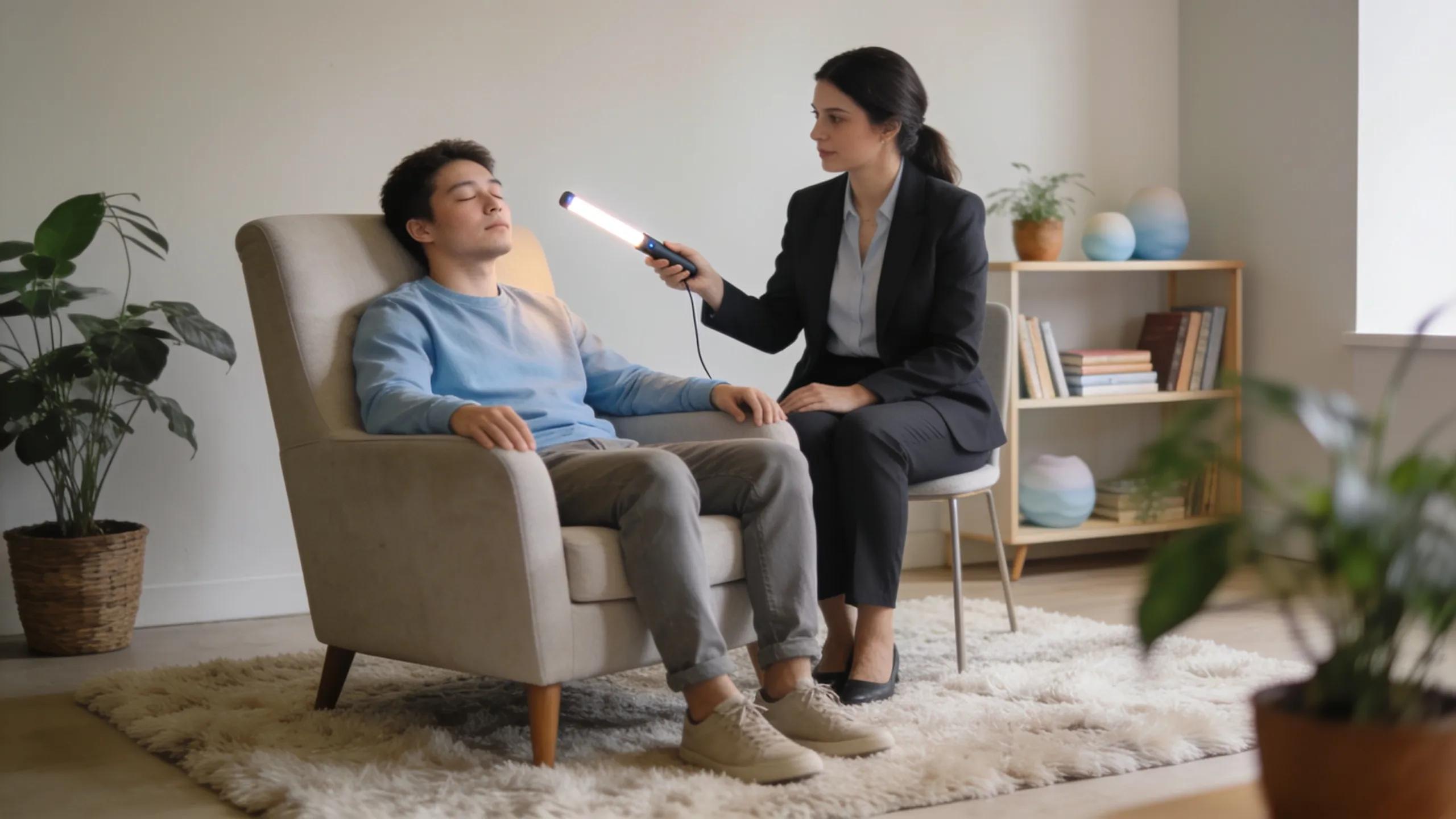 Client experiencing EMDR therapy with therapist guidance in a calming therapy space