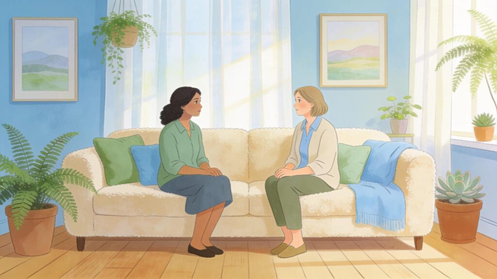 Calm therapy room emphasizing healing and connection in relation to Polyvagal Theory