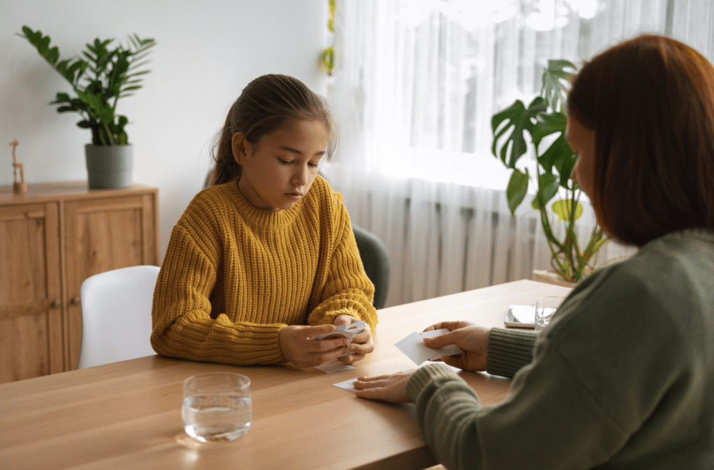 Therapist and young client sitting at a table using cards during a teen therapy session in Paramus, New Jersey